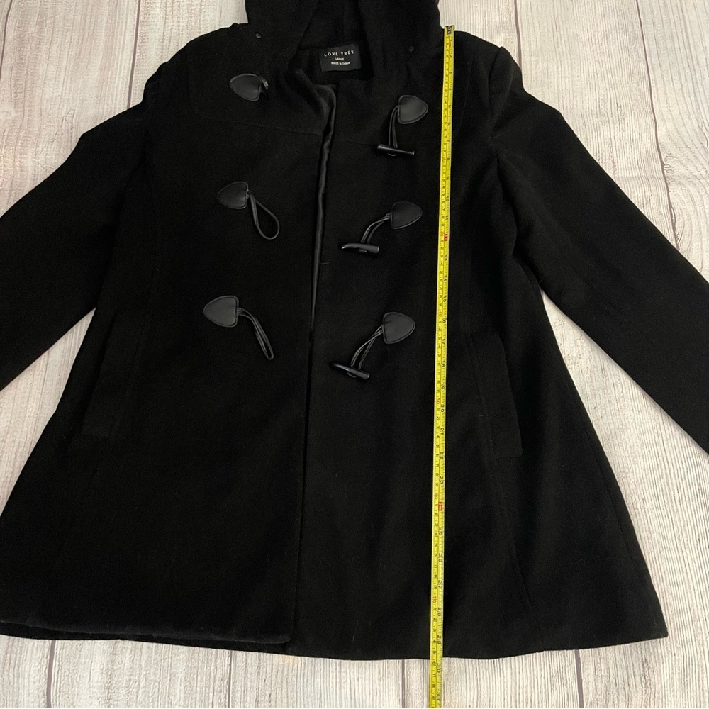 LOVE TREE Women’s Black Winter Wool Pea Coat With Hood & Toggles Size Large - Picture 4 of 9